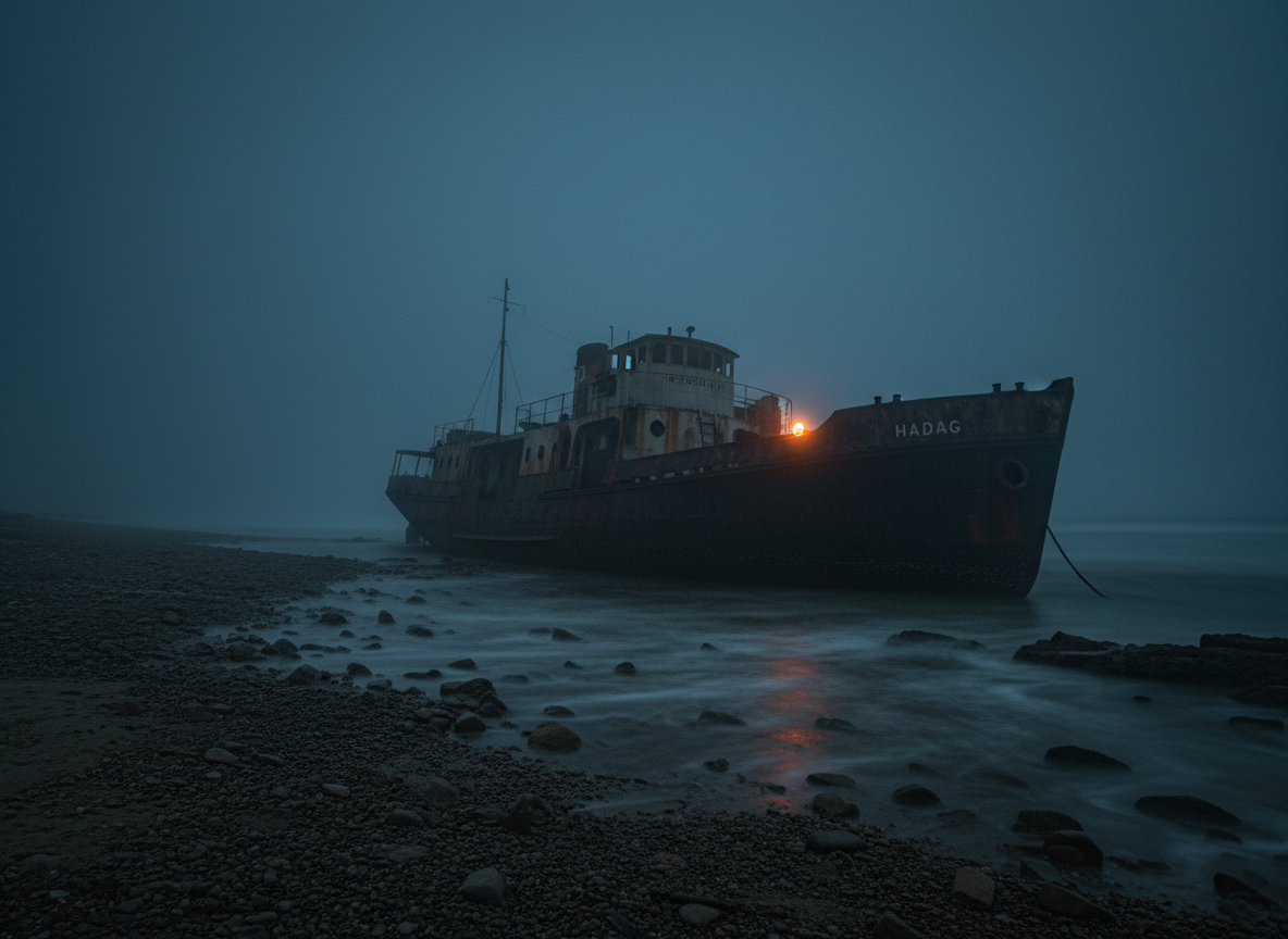 Cinematic, moody dark photograph of an old stranded HADAG steamer ferry boat run aground on a foggy shoreline at dusk with a single warm neon-orange light source.